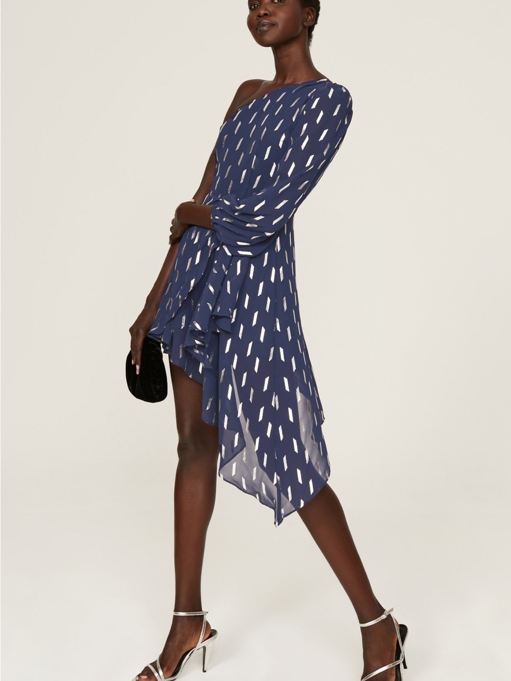 Yumi Kim Navy + White One-Shoulder Asymmetrical Dress, Foil, 70s, Retro, Party